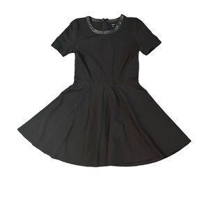 Madewell Women's Medium Fit Flare Dress Black Short Sleeve Leather Trim Stretch